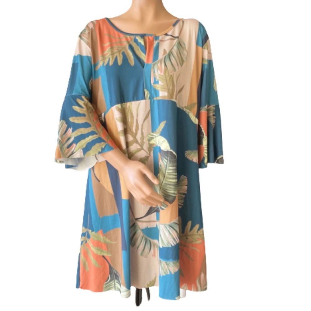 Zinzane (Brazil brand) blue tropical palm Sandra short dress